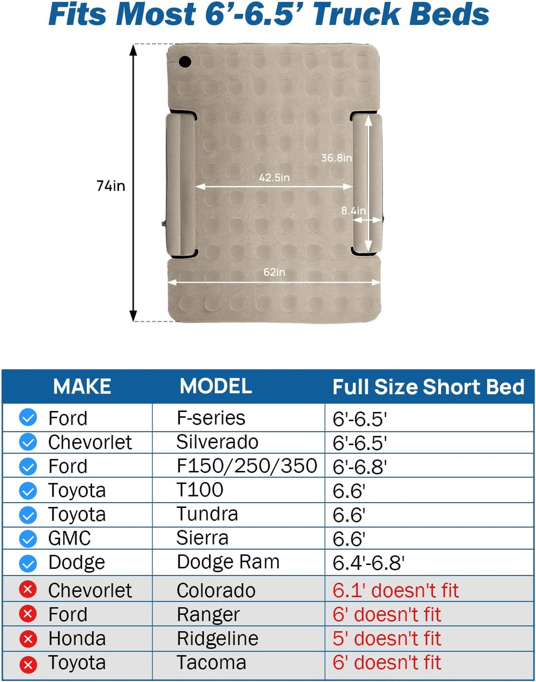 Truck Bed Air Mattress for 6-6.5Ft, Full Size Inflatable Air Mattress Short Truck Beds