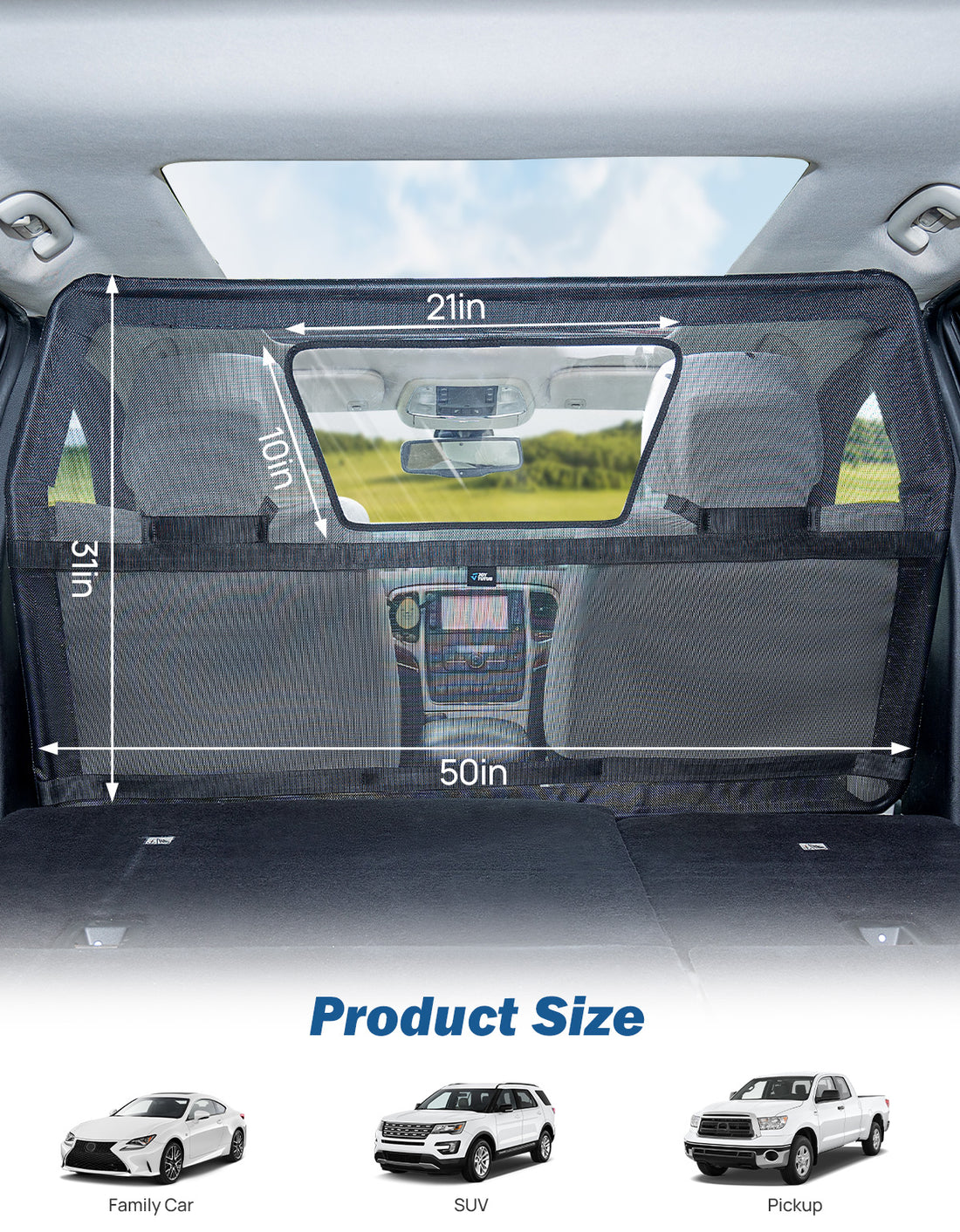 JOYTUTUS 50" Wide Dog Car Barrier with Visual Window, Dog Barrier for SUV Escape-Proof, Dog Net for Car Cargo Behind Front Seats, Vehicle Gate for Dog Safety and Travel, Ideal for Cars SUVs Trucks