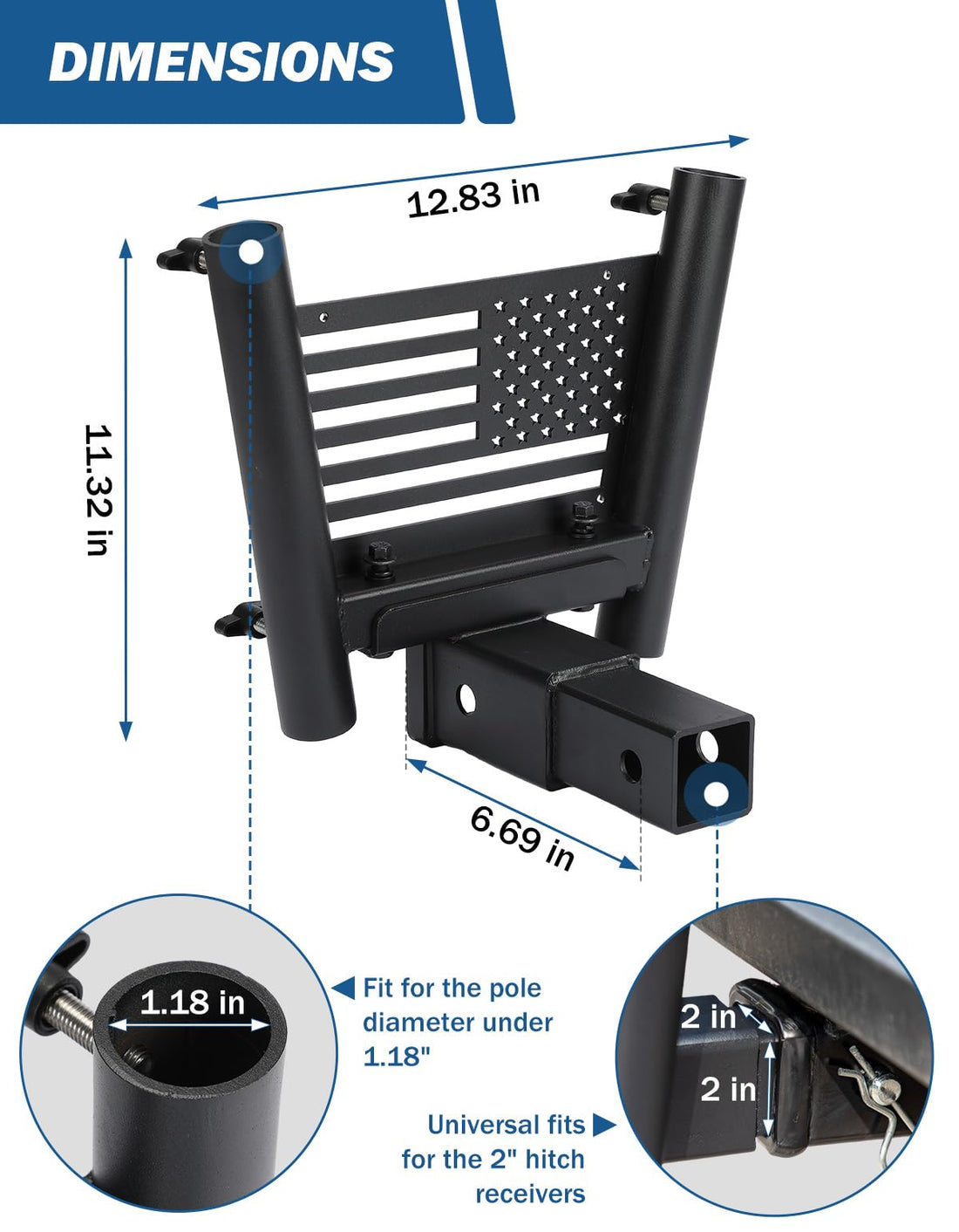 JOYTUTUS Hitch Mount Flag Pole Holder for Standard 2 Inch Receivers, Fits Truck RV SUV Pickup Camper Trailer