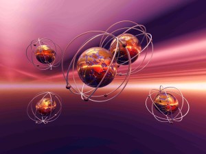 3D illustration, background, wallpaper of the micro cosmos, a molecule, atom, anti matter. Quantum physics concept.
